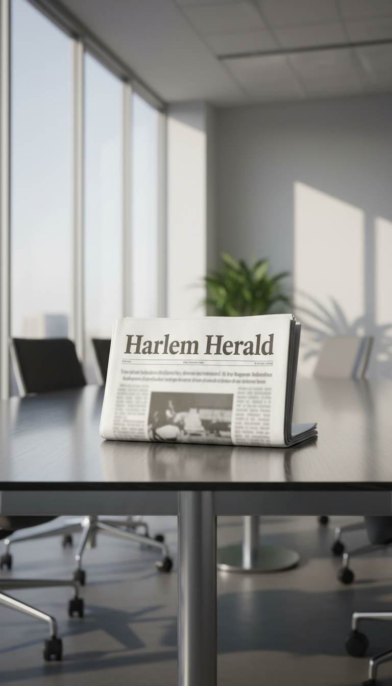 A crisp, folded broadsheet newspaper with a clean, matte white finish and bold, dark gray masthead reading "Harlem Herald" displayed prominently at the top. The paper rests neatly atop a brushed-steel and glass conference table in a modern, sunlit office. Soft midday daylight streams through floor-to-ceiling windows, creating clear, defined shadows and giving a subtle sheen to both the paper and table. The atmosphere is composed and professional, evoking trust and credibility, with the newspaper perfectly centered in the frame at eye level. The composition features balanced lines and uncluttered surroundings, with sharp focus and neutral, harmonious tones. The style is photographic realism, conveying clarity and authority suitable for a leading online news outlet.